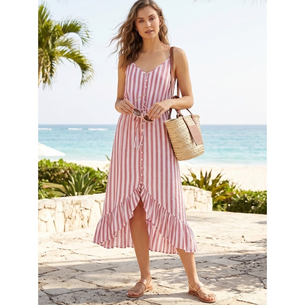 Rails Frida Striped Linen Blend Midi Sundress Carmine Red White NWT Size L $188‎